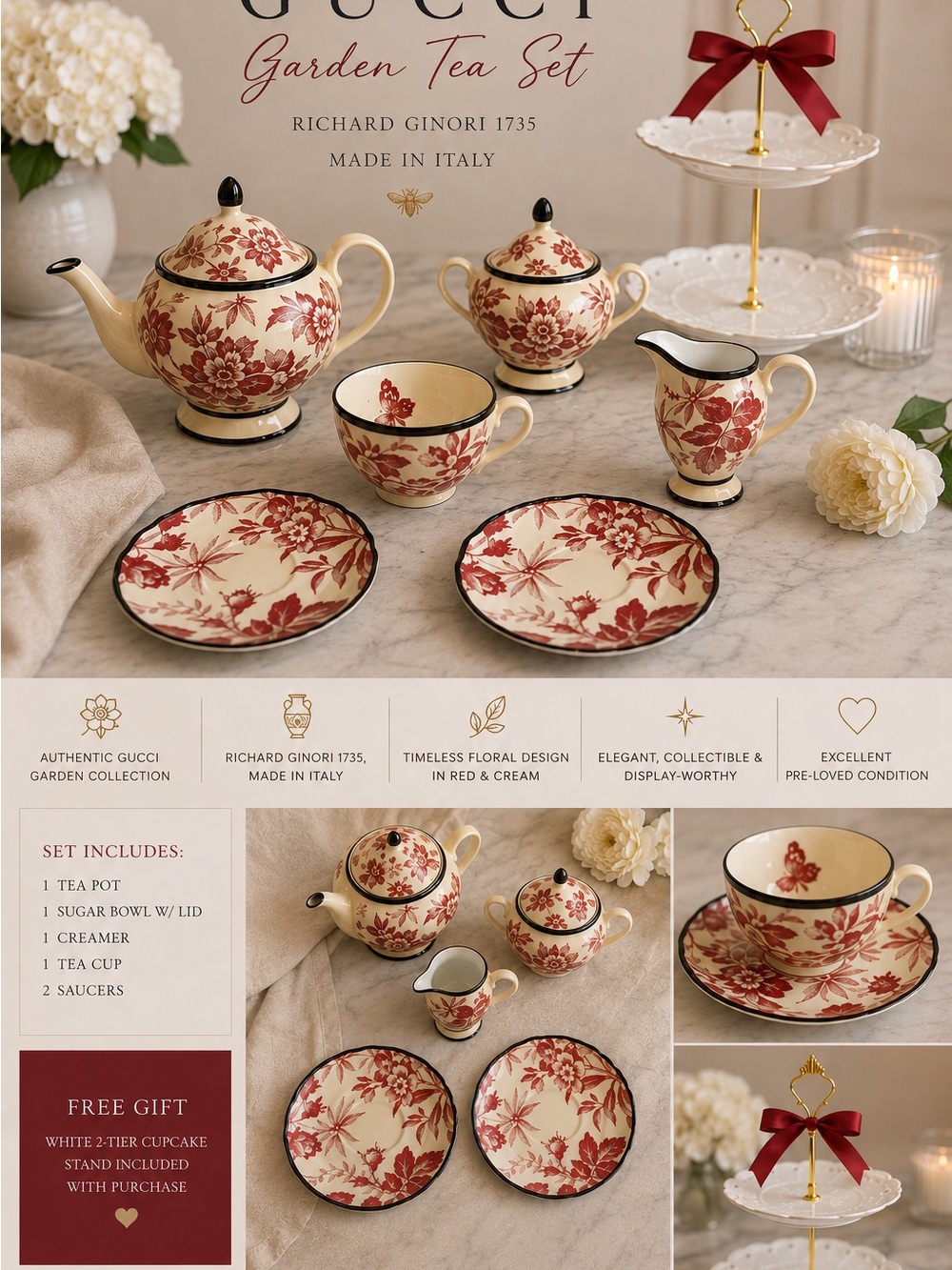 Gucci Red & Cream Floral Tea Set - 7-Piece Dining Collection